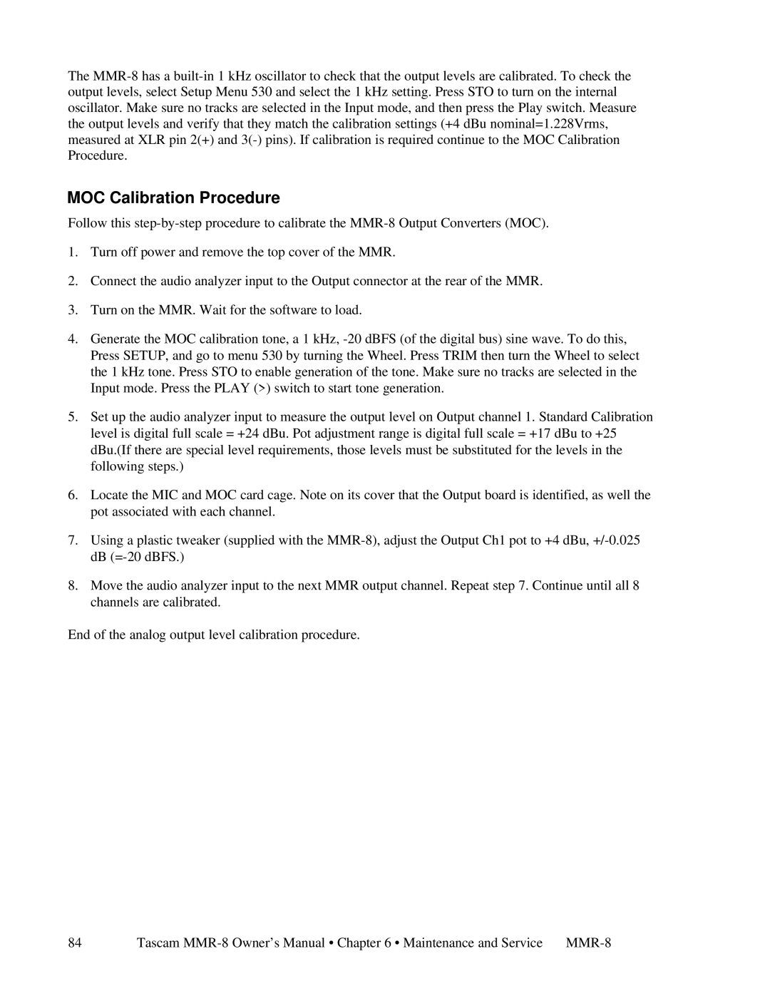 Tascam MMR-8 owner manual MOC Calibration Procedure 