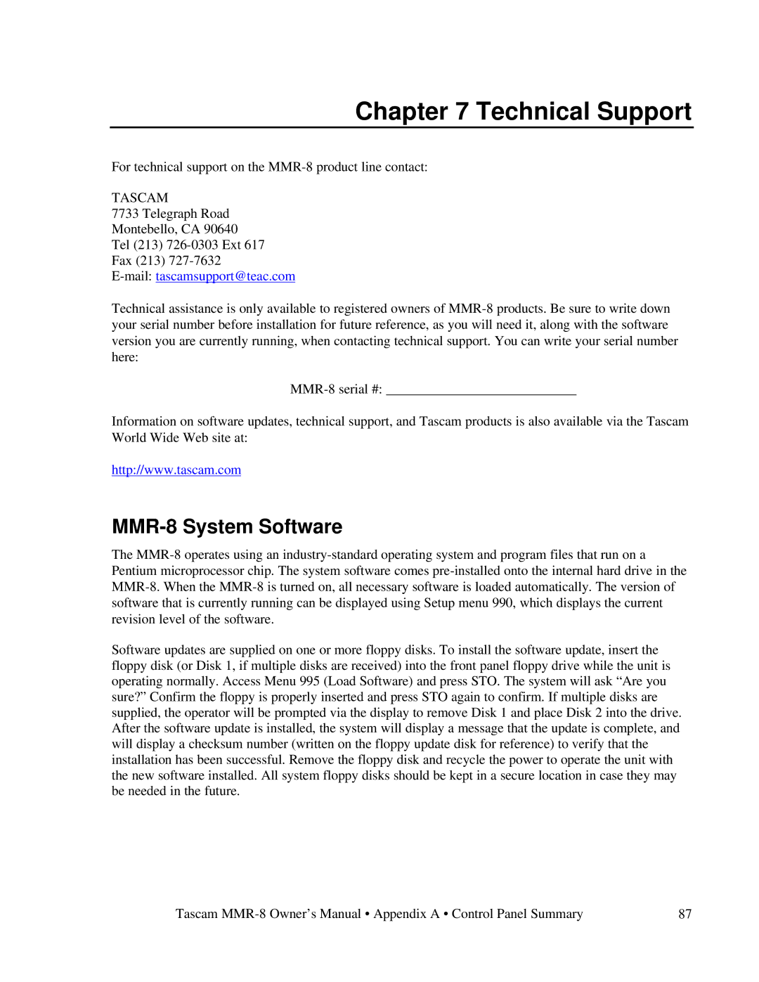 Tascam owner manual MMR-8 System Software, Tascam 