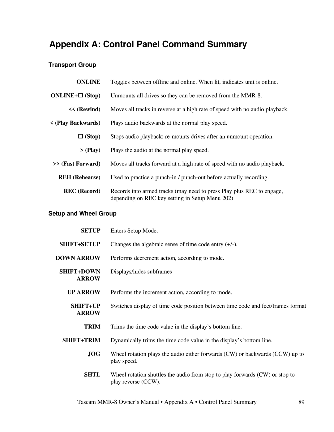 Tascam MMR-8 owner manual Appendix a Control Panel Command Summary, Transport Group, Setup and Wheel Group, Arrow 