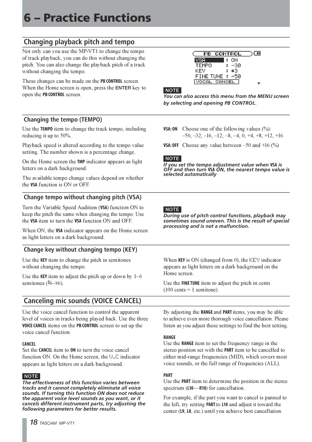 Tascam MP-VT1 owner manual Practice Functions, Changing playback pitch and tempo, Canceling mic sounds Voice Cancel 