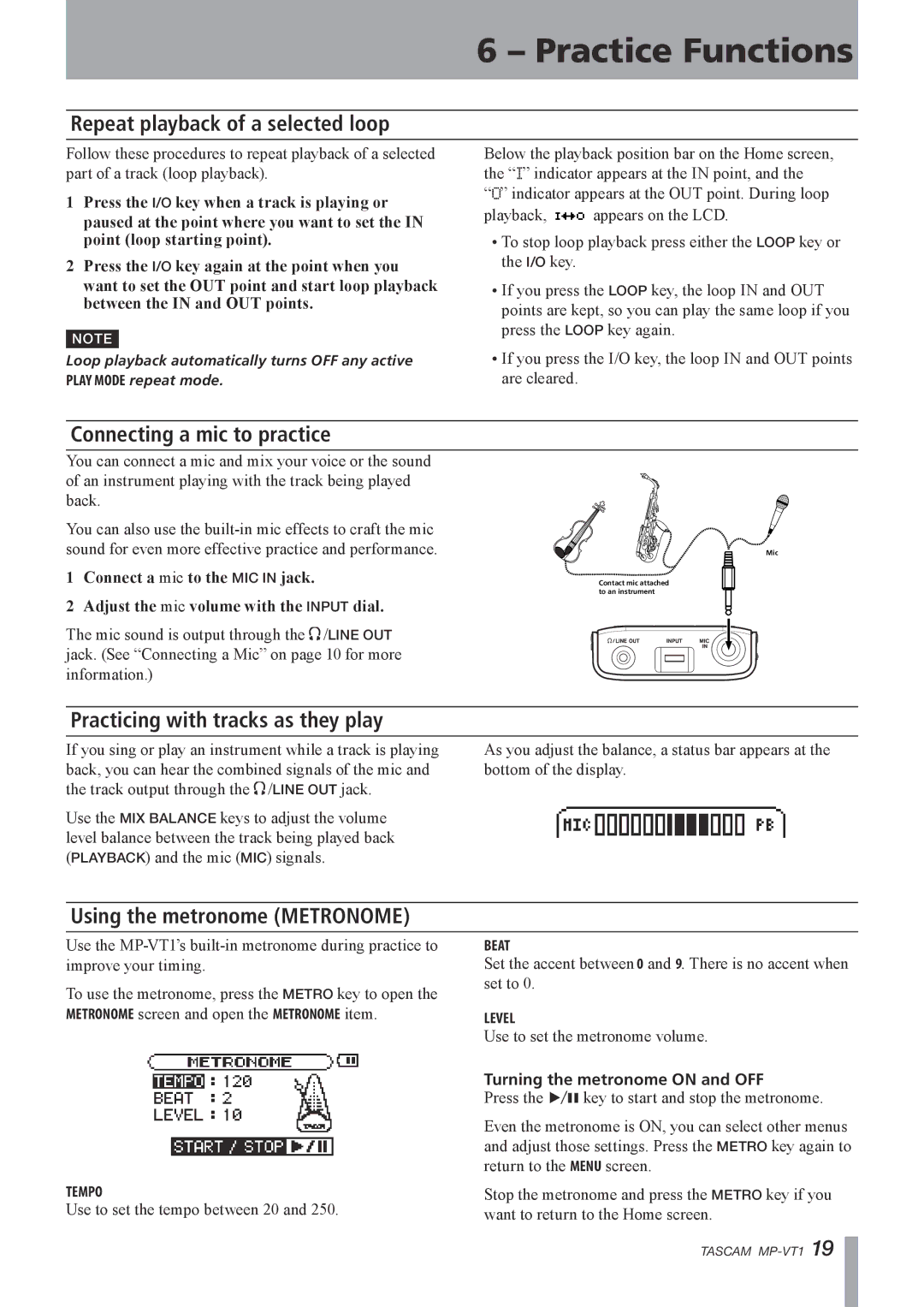 Tascam MP-VT1 Repeat playback of a selected loop, Connecting a mic to practice, Practicing with tracks as they play 