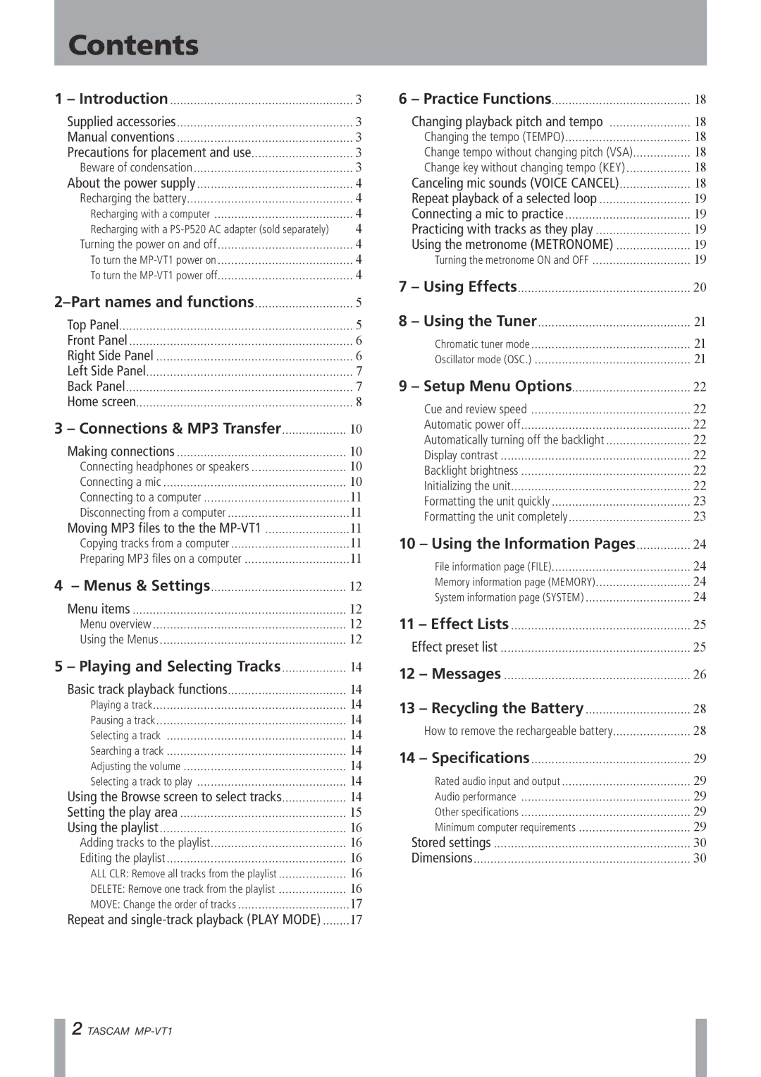 Tascam MP-VT1 owner manual Contents 