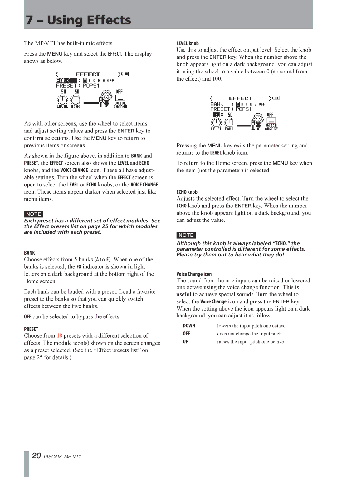 Tascam MP-VT1 owner manual Using Effects 