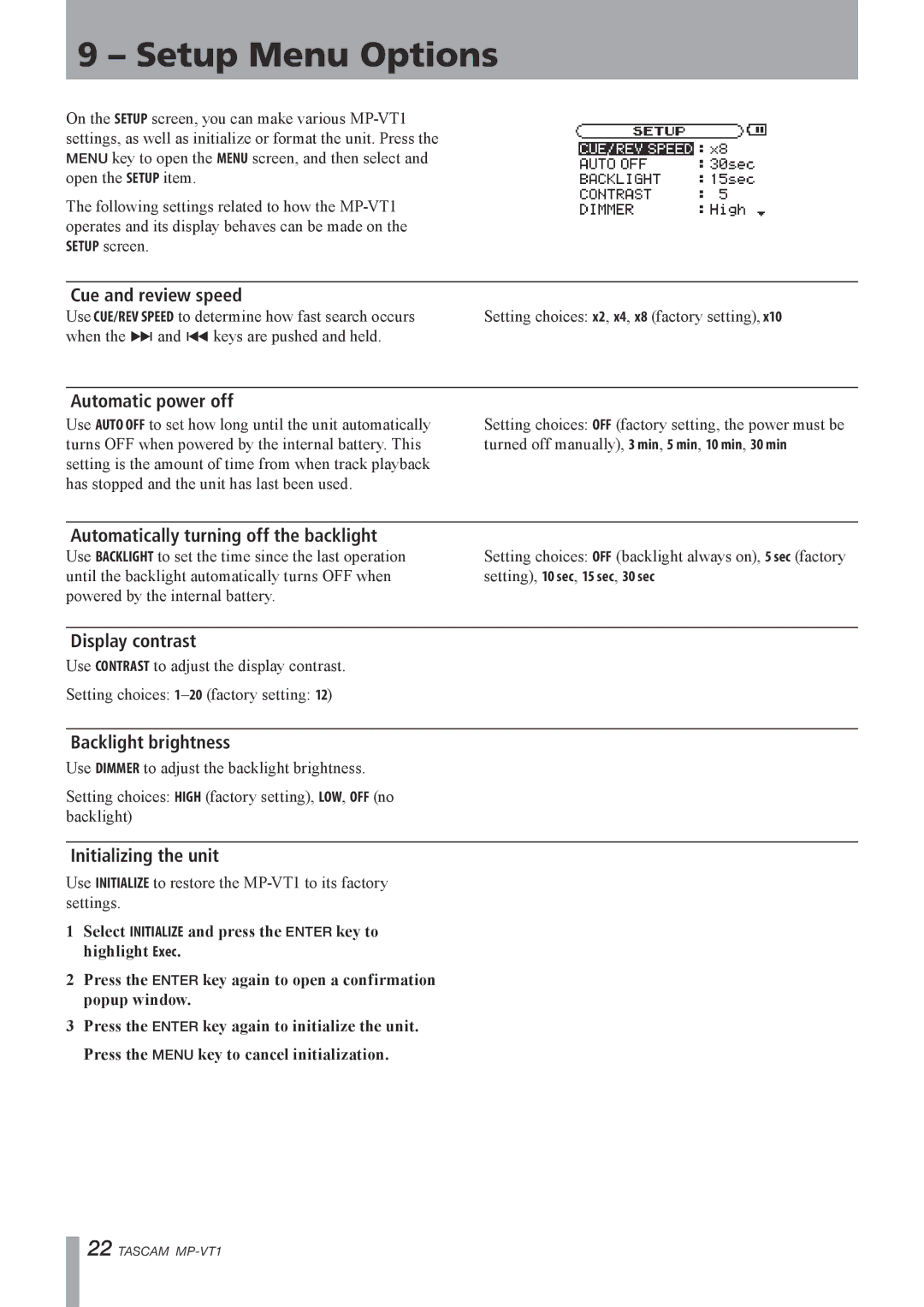 Tascam MP-VT1 owner manual Setup Menu Options 