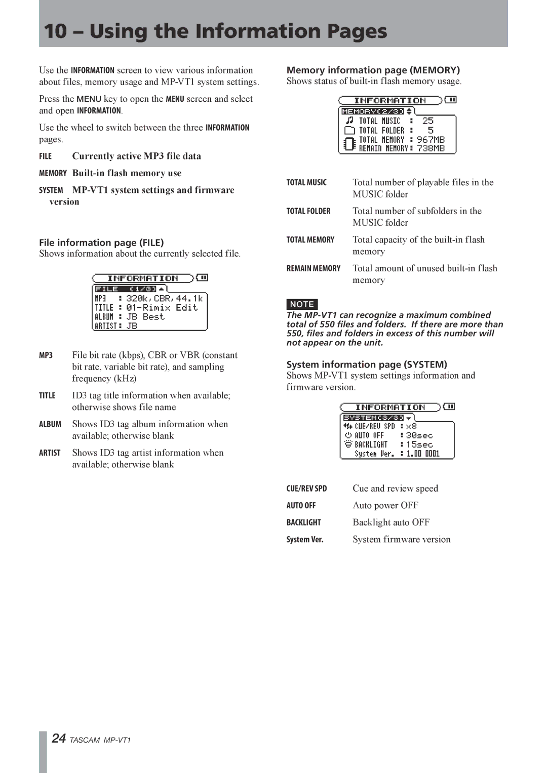 Tascam MP-VT1 owner manual Using the Information Pages, File information page File 