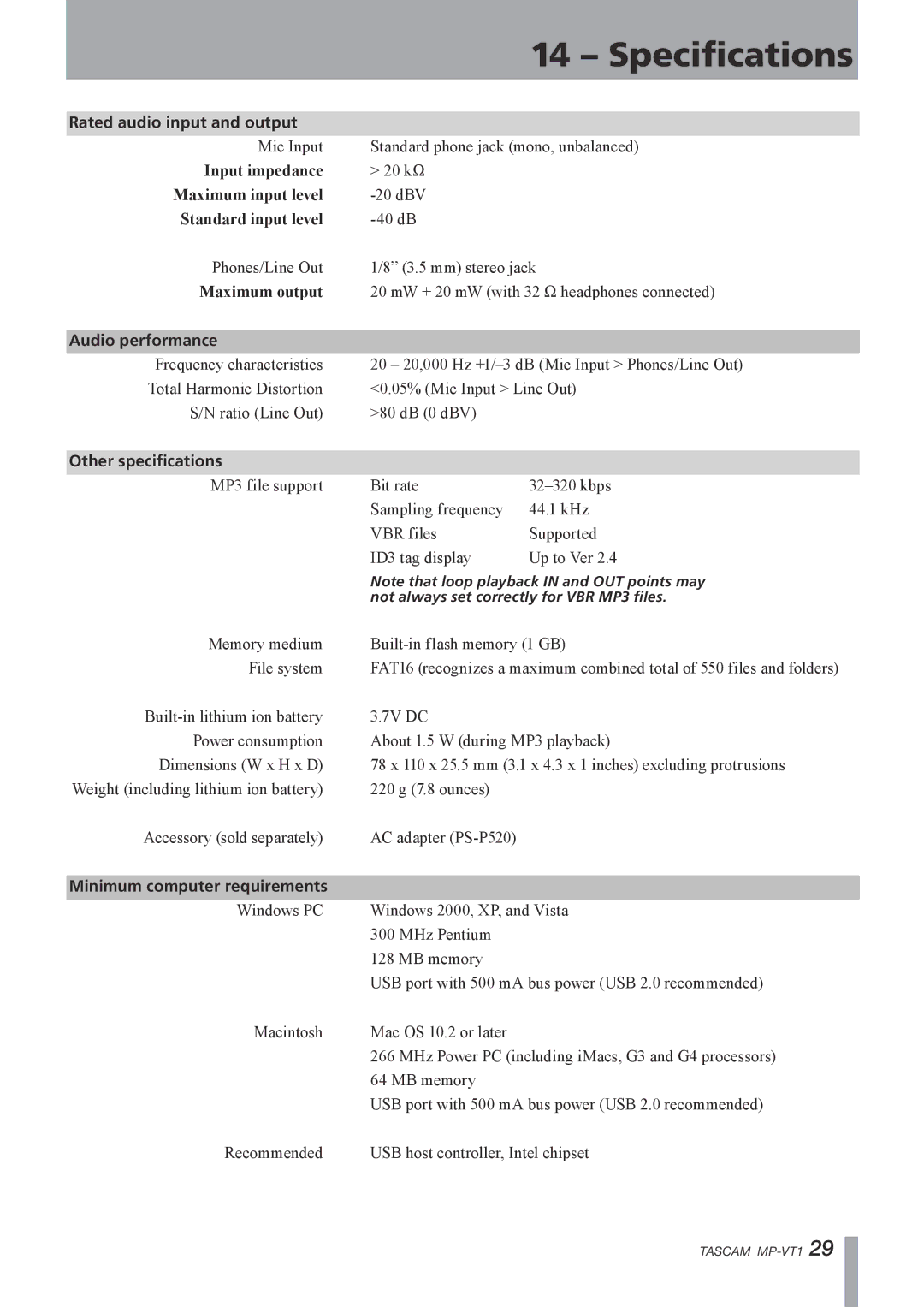 Tascam MP-VT1 owner manual Specifications, Rated audio input and output, Audio performance, Other specifications 