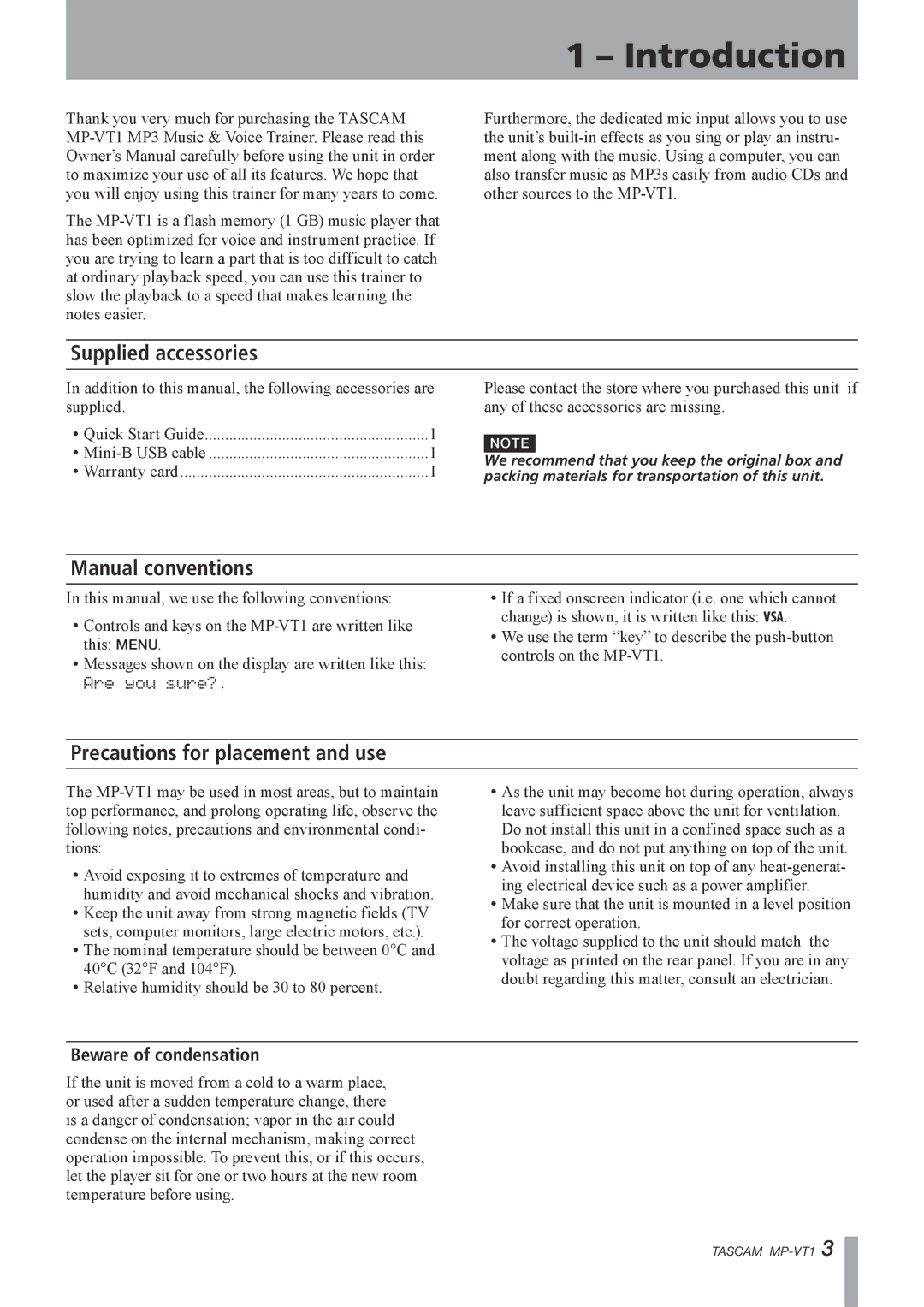 Tascam MP-VT1 owner manual Introduction, Supplied accessories, Manual conventions, Precautions for placement and use 