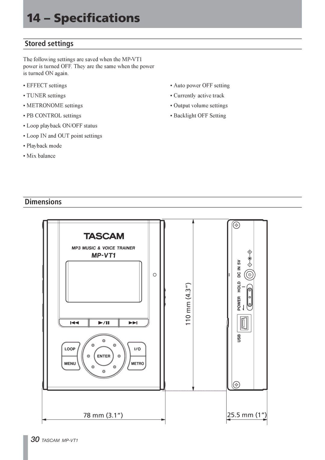 Tascam MP-VT1 owner manual Stored settings, Dimensions 