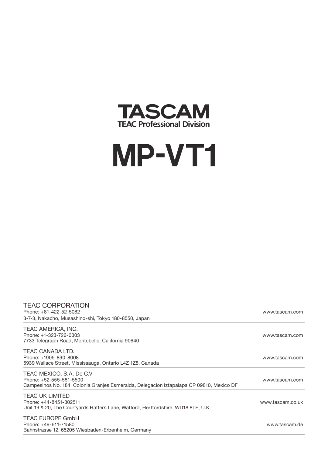 Tascam MP-VT1 owner manual 