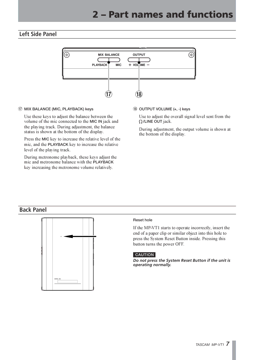 Tascam MP-VT1 owner manual Left Side Panel, Back Panel 