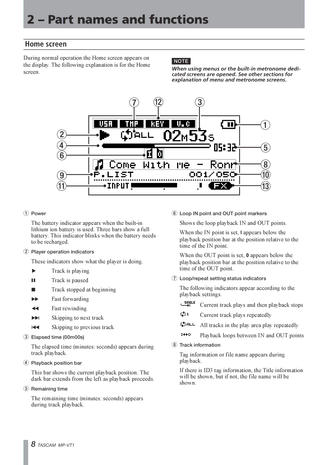 Tascam MP-VT1 owner manual Home screen 