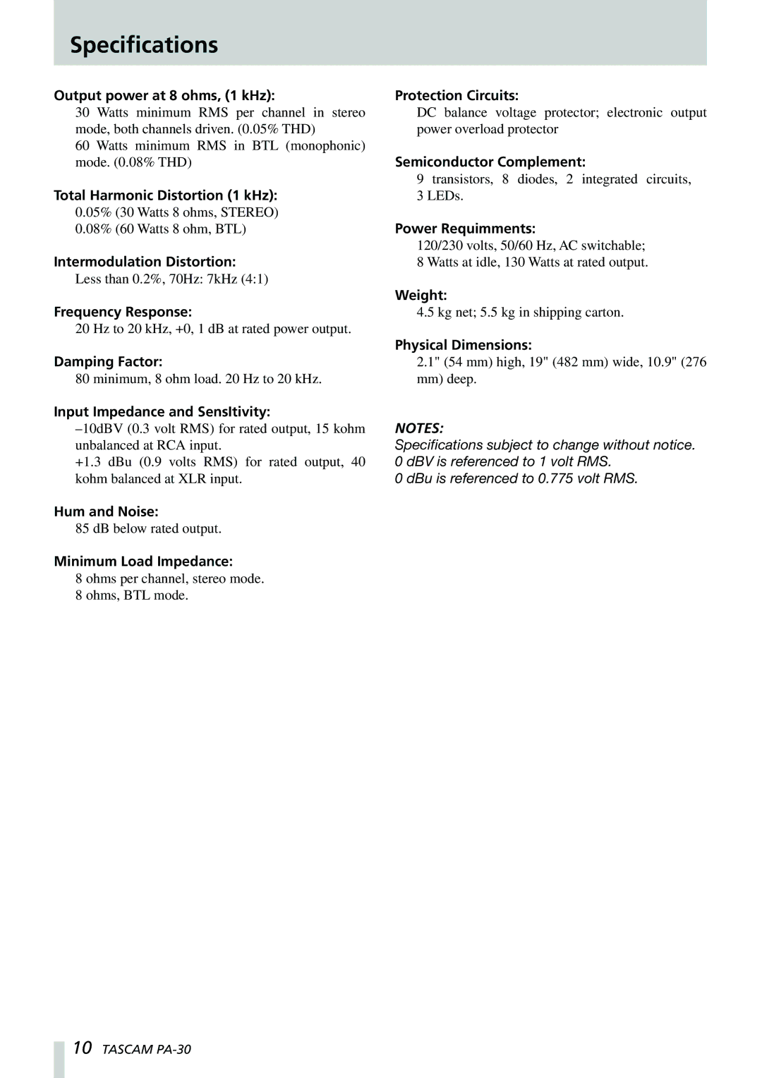 Tascam PA-30 owner manual Speciﬁcations, Output power at 8 ohms, 1 kHz 