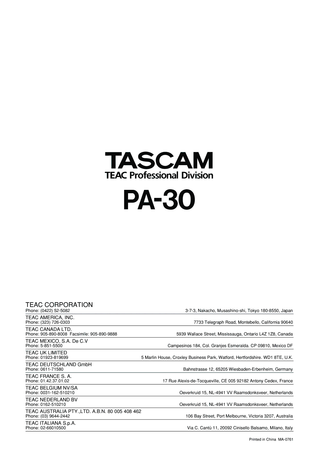 Tascam PA-30 owner manual 