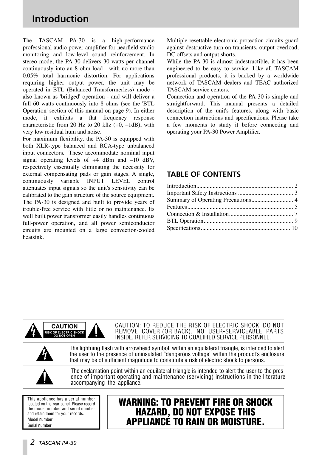 Tascam PA-30 owner manual Introduction, Table of Contents 