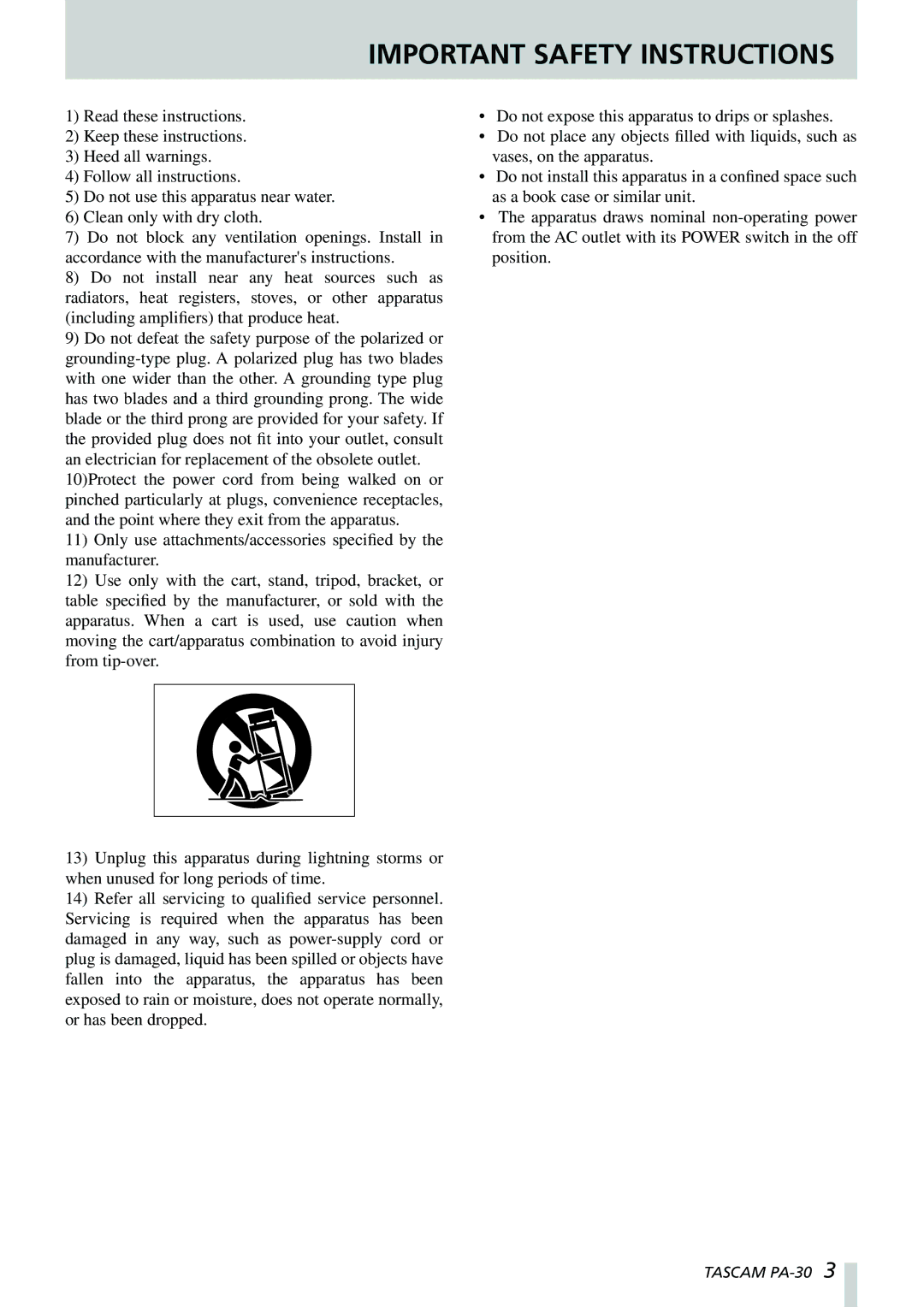 Tascam PA-30 owner manual Important Safety Instructions 