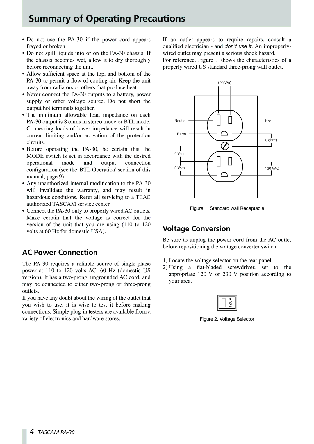 Tascam PA-30 owner manual Summary of Operating Precautions, AC Power Connection 