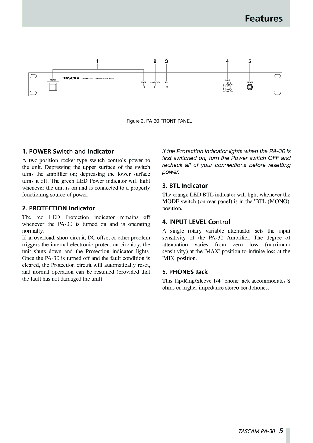 Tascam PA-30 owner manual Features 