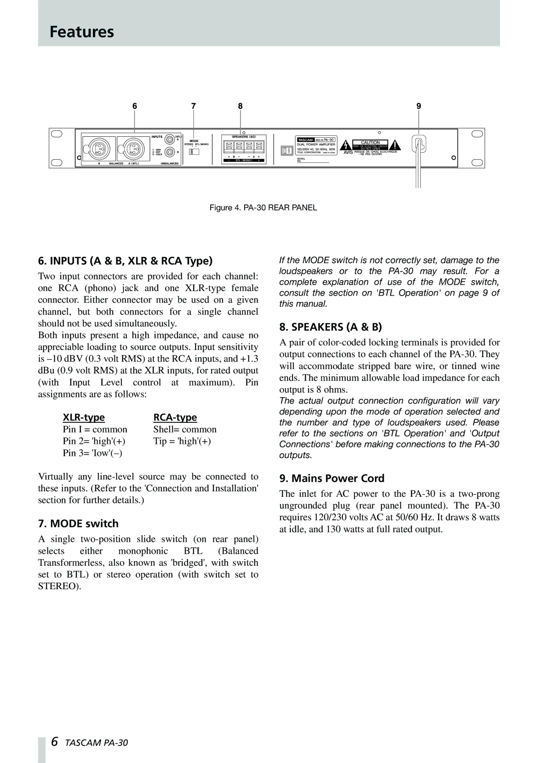 Tascam PA-30 owner manual Inputs a & B, XLR & RCA Type, Mode switch, Mains Power Cord 