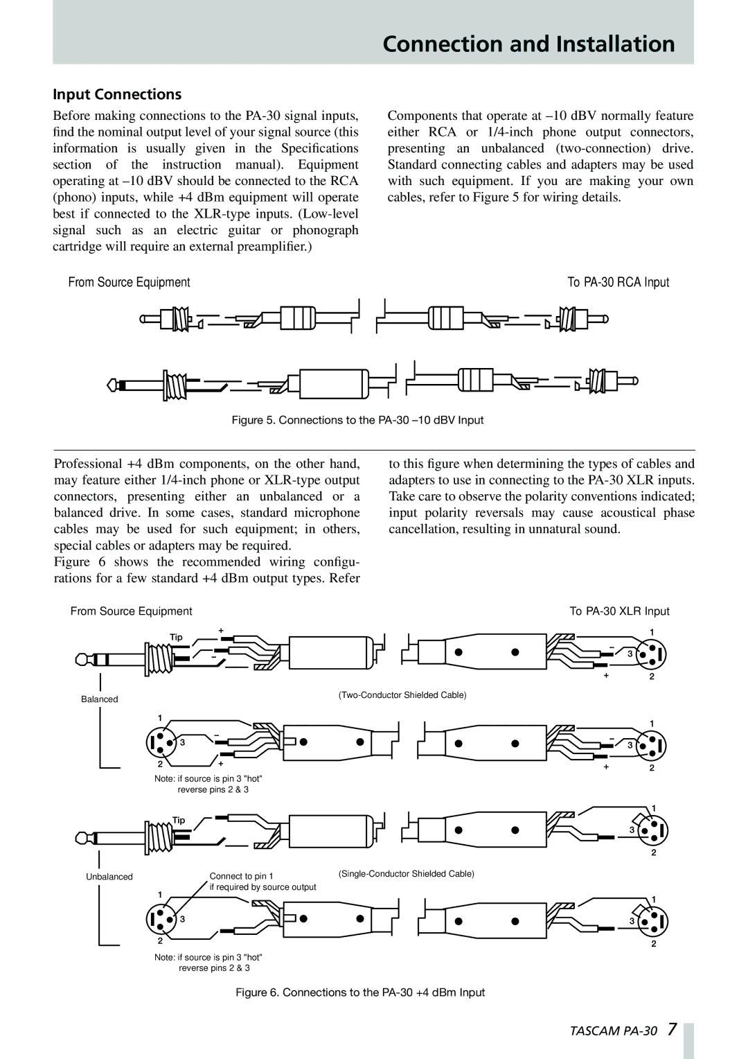 Tascam PA-30 owner manual Connection and Installation, Input Connections 