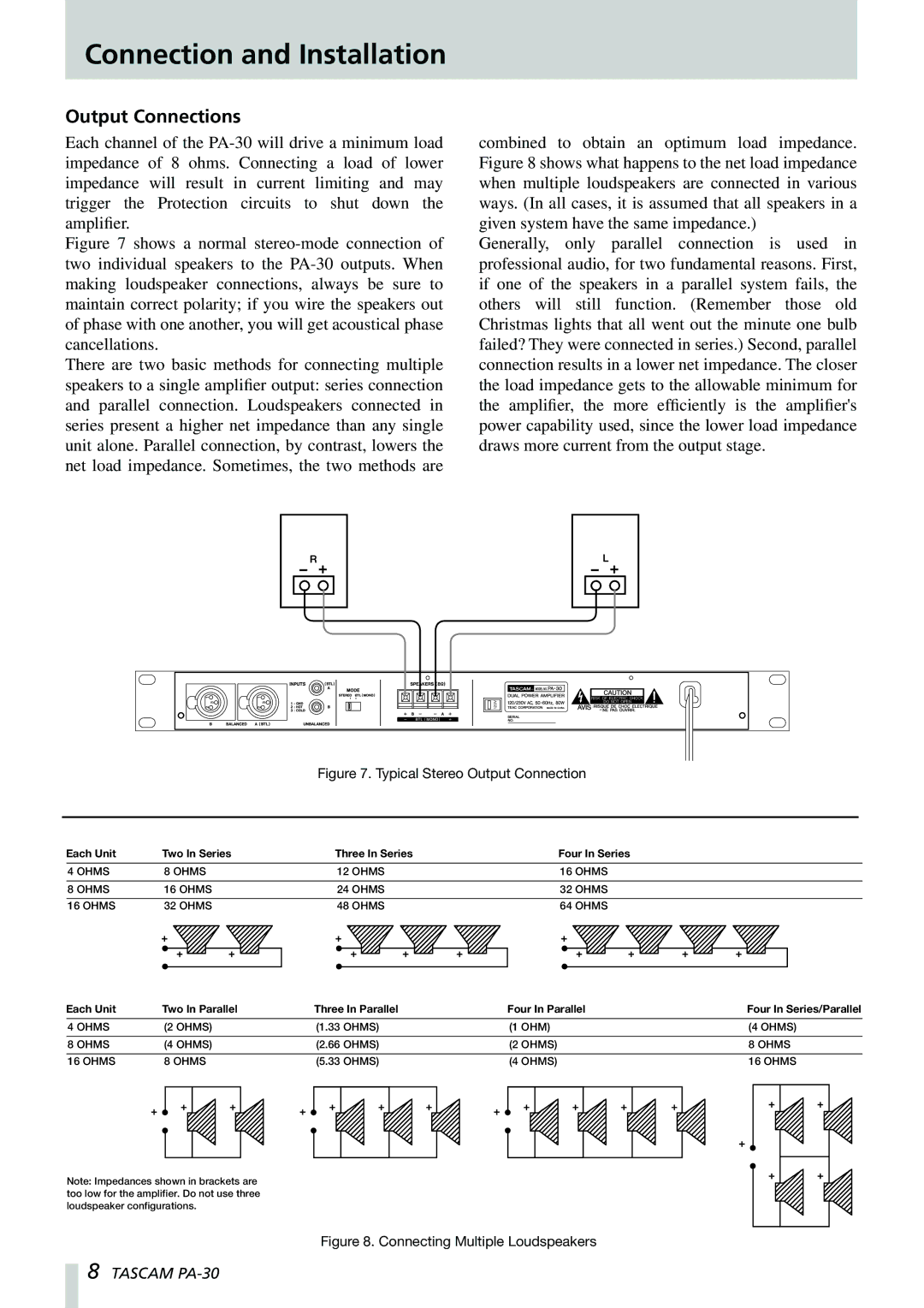 Tascam PA-30 owner manual Output Connections, Typical Stereo Output Connection 