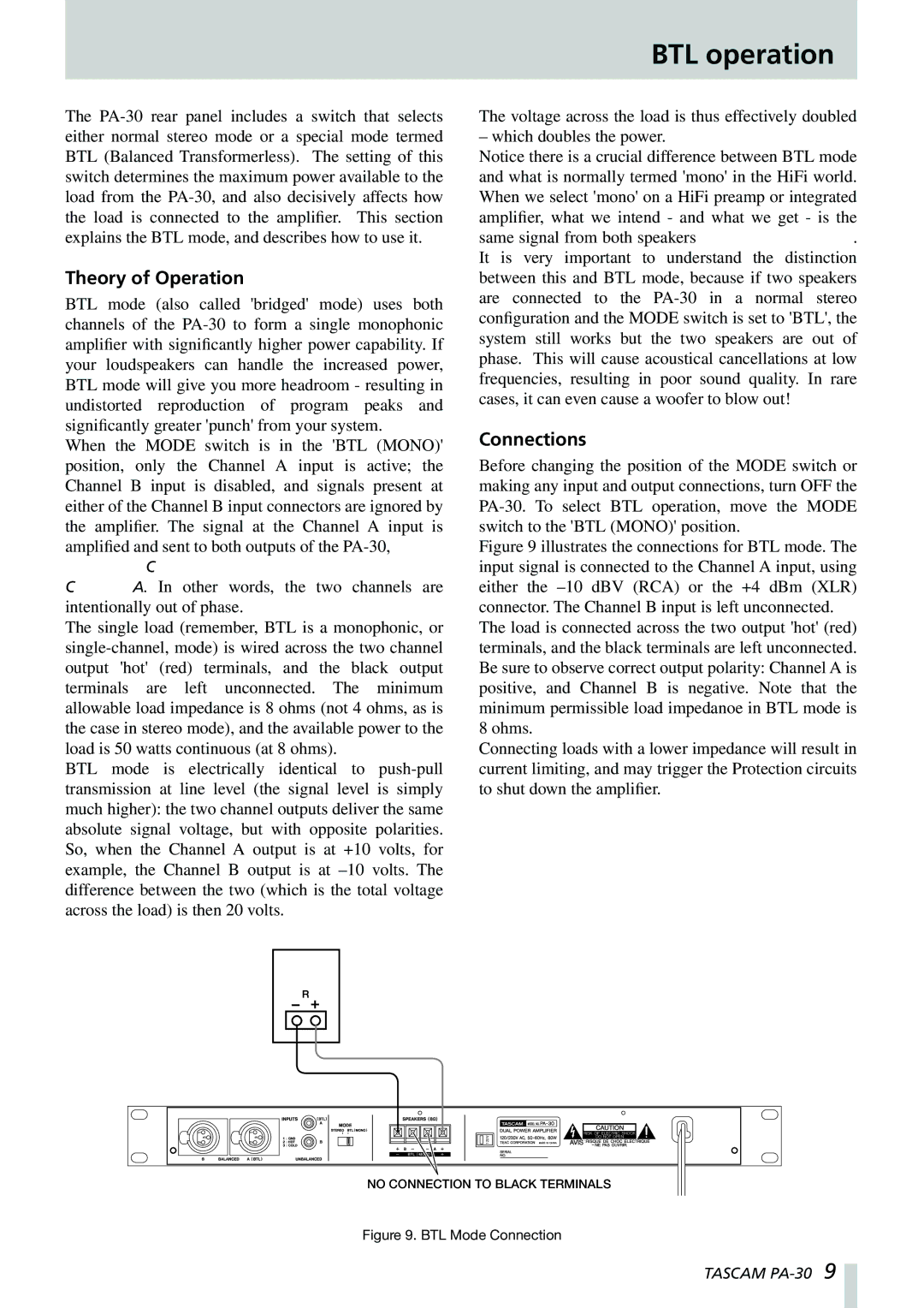 Tascam PA-30 owner manual BTL operation, Theory of Operation, Connections 