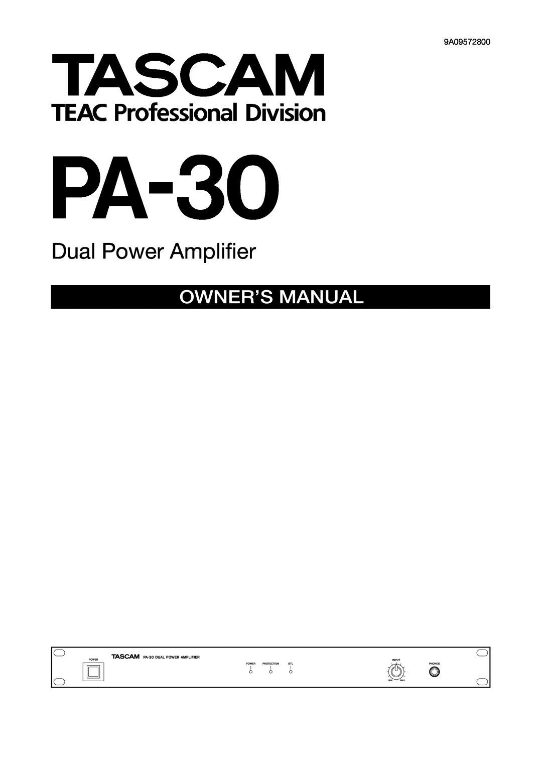 Tascam PA-30 owner manual Dual Power Ampliﬁer 
