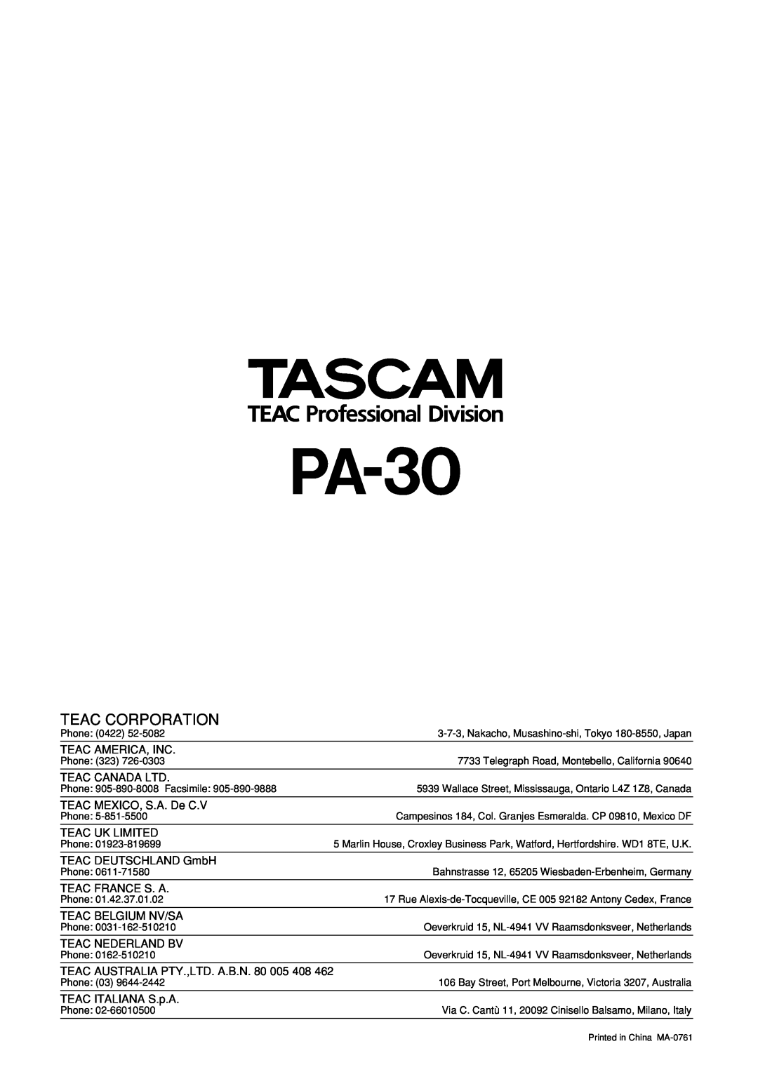 Tascam PA-30 owner manual Teac Corporation 