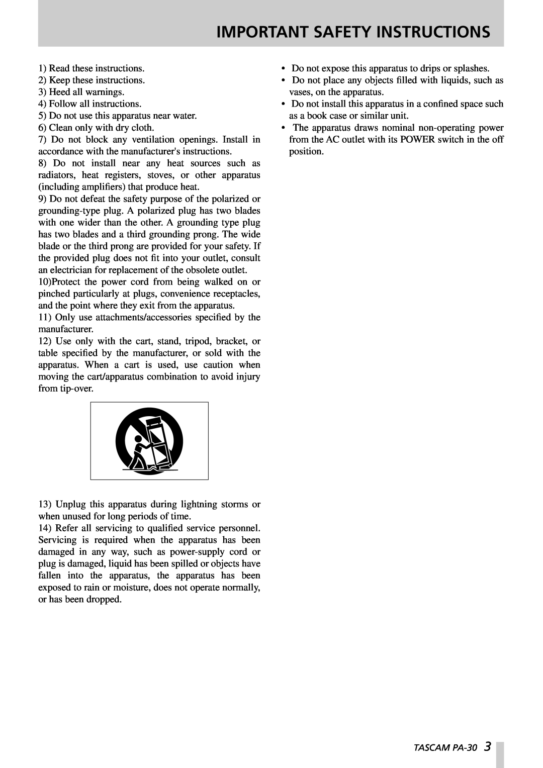 Tascam PA-30 owner manual Important Safety Instructions 