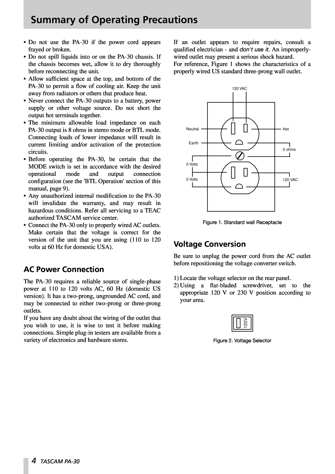 Tascam PA-30 owner manual Summary of Operating Precautions, AC Power Connection, Voltage Conversion 