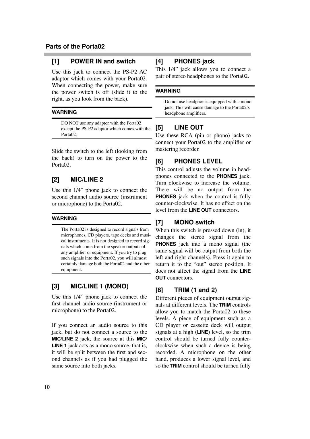 Tascam PORTA02 owner manual Parts of the Porta02 Power in and switch Phones jack, Mic/Line, Mono switch, Trim 1 