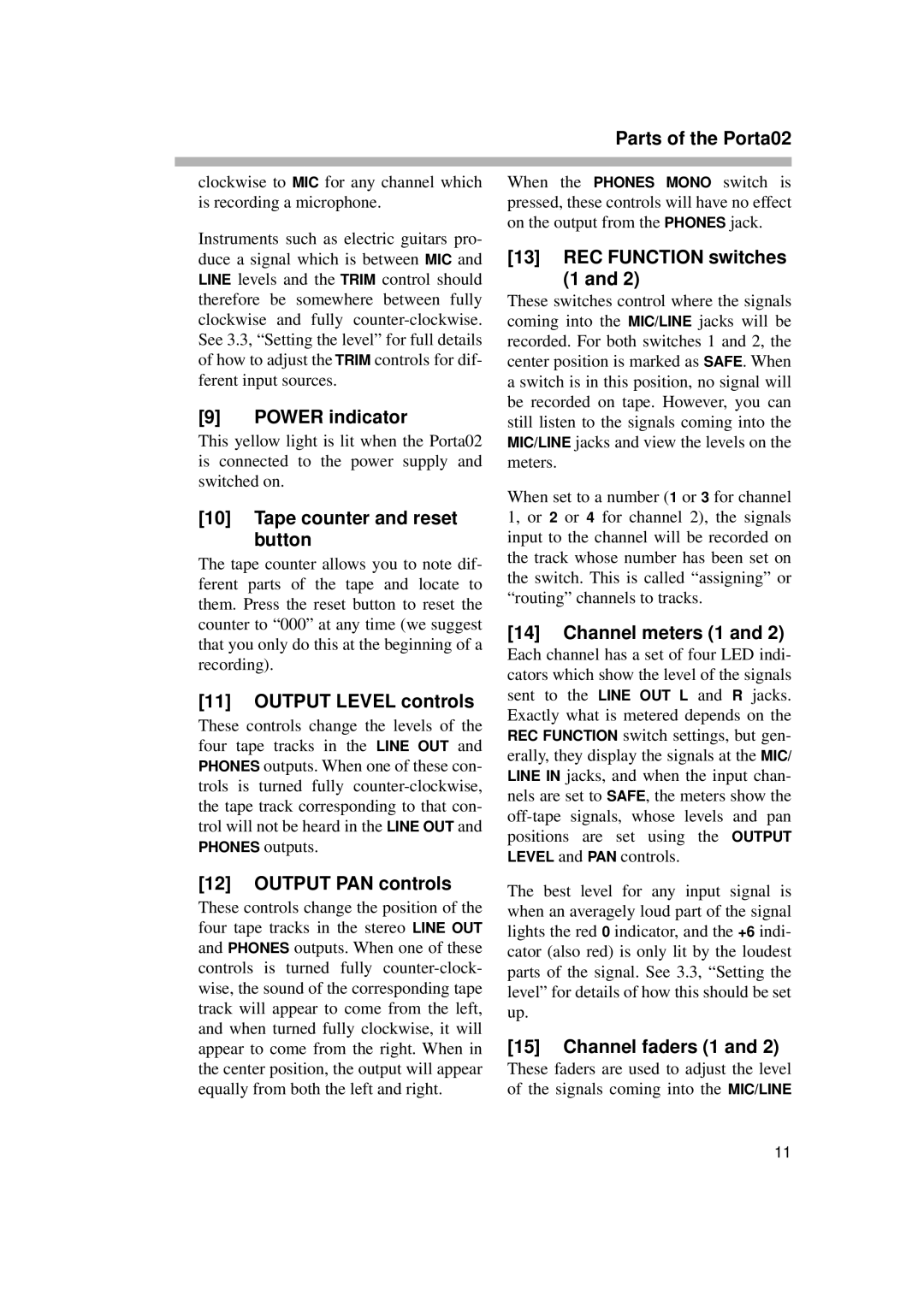 Tascam PORTA02 owner manual Power indicator, Tape counter and reset button, Output Level controls, Output PAN controls 
