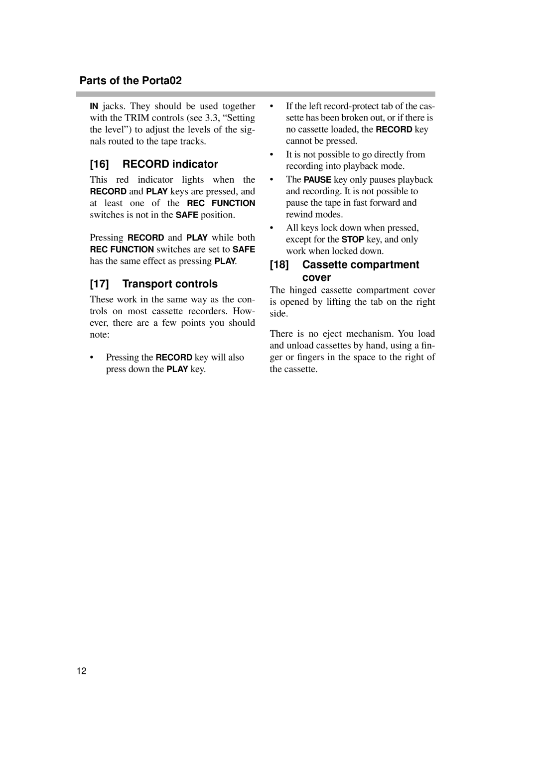 Tascam PORTA02 owner manual Record indicator, Transport controls, Cassette compartment Cover 