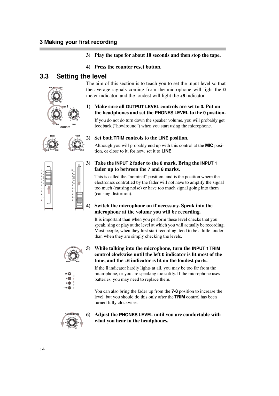 Tascam PORTA02 owner manual Setting the level, Set both Trim controls to the Line position 