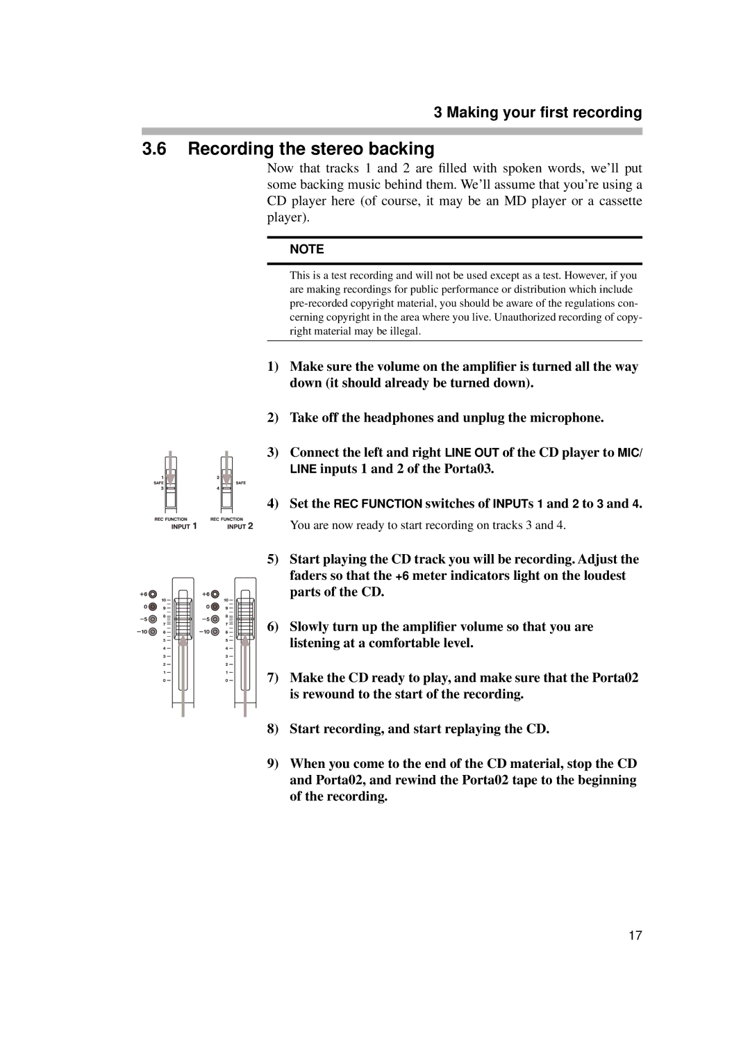 Tascam PORTA02 owner manual Recording the stereo backing 