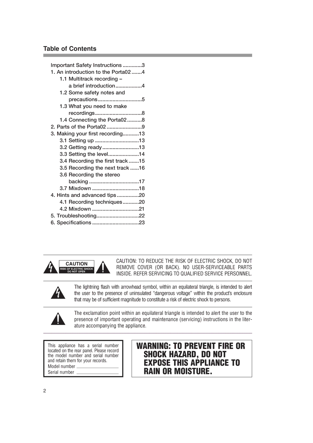 Tascam PORTA02 owner manual Table of Contents 