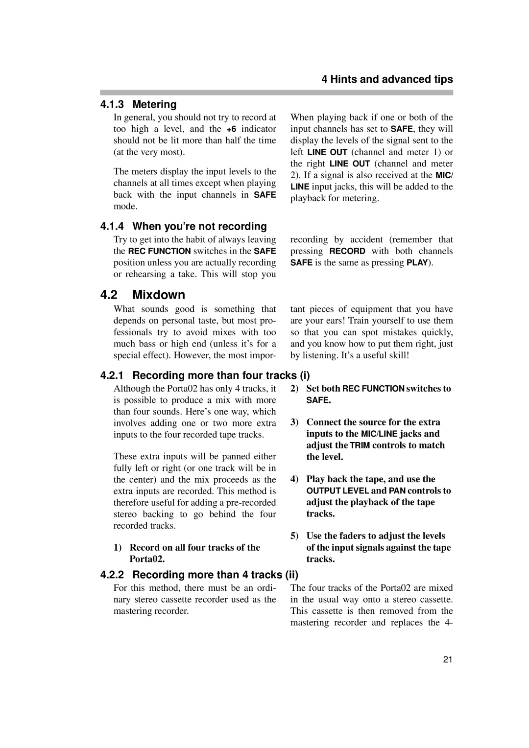 Tascam PORTA02 owner manual Hints and advanced tips Metering, When you’re not recording, Recording more than four tracks 