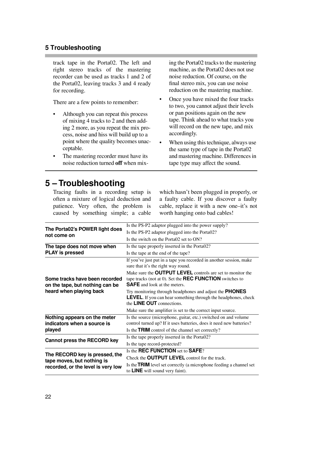 Tascam PORTA02 owner manual Troubleshooting 