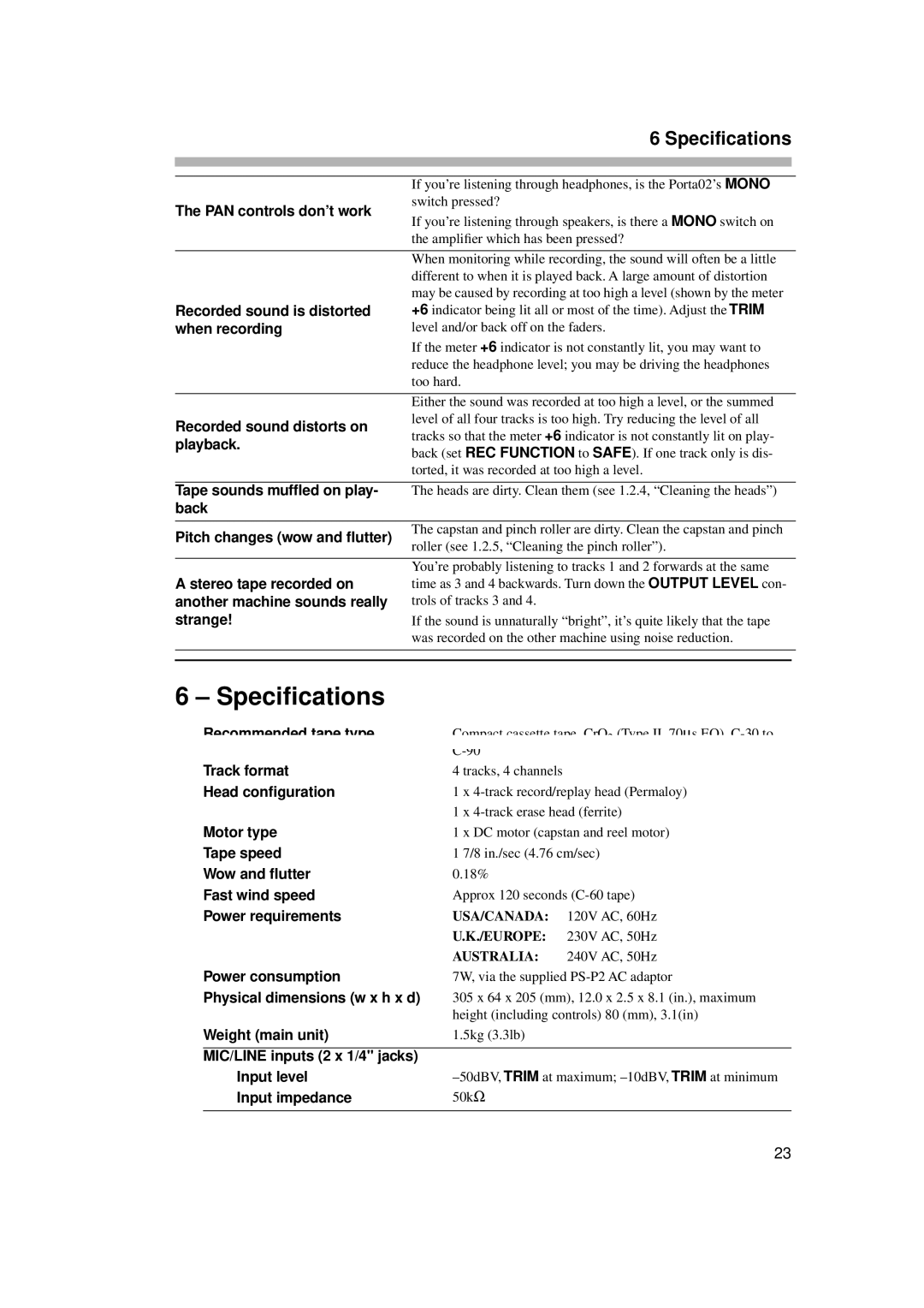 Tascam PORTA02 owner manual Speciﬁcations, Specifications 