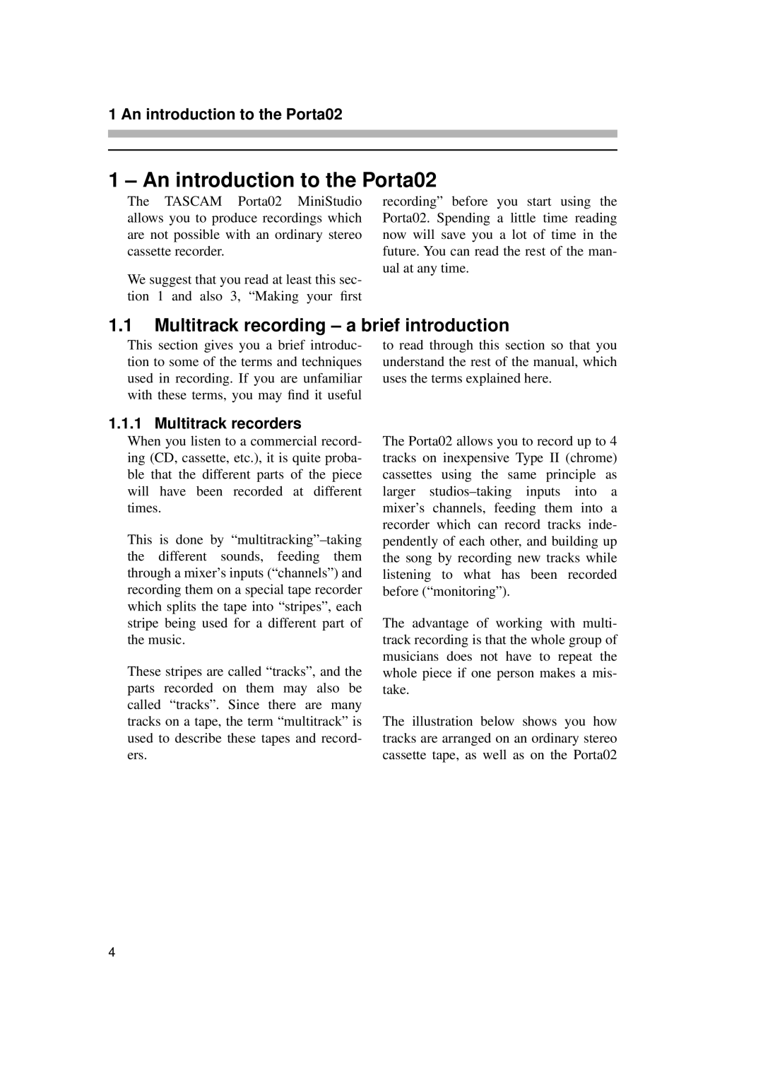 Tascam PORTA02 owner manual An introduction to the Porta02, Multitrack recording a brief introduction, Multitrack recorders 