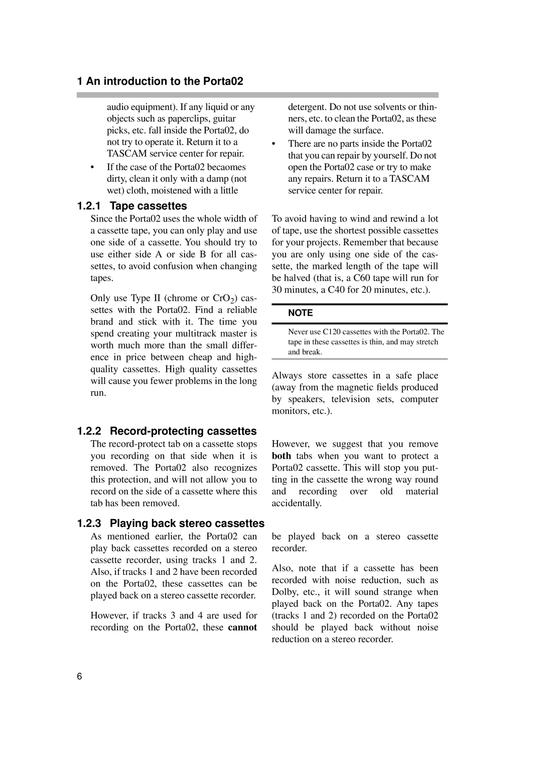 Tascam PORTA02 owner manual Tape cassettes, Record-protecting cassettes, Playing back stereo cassettes 