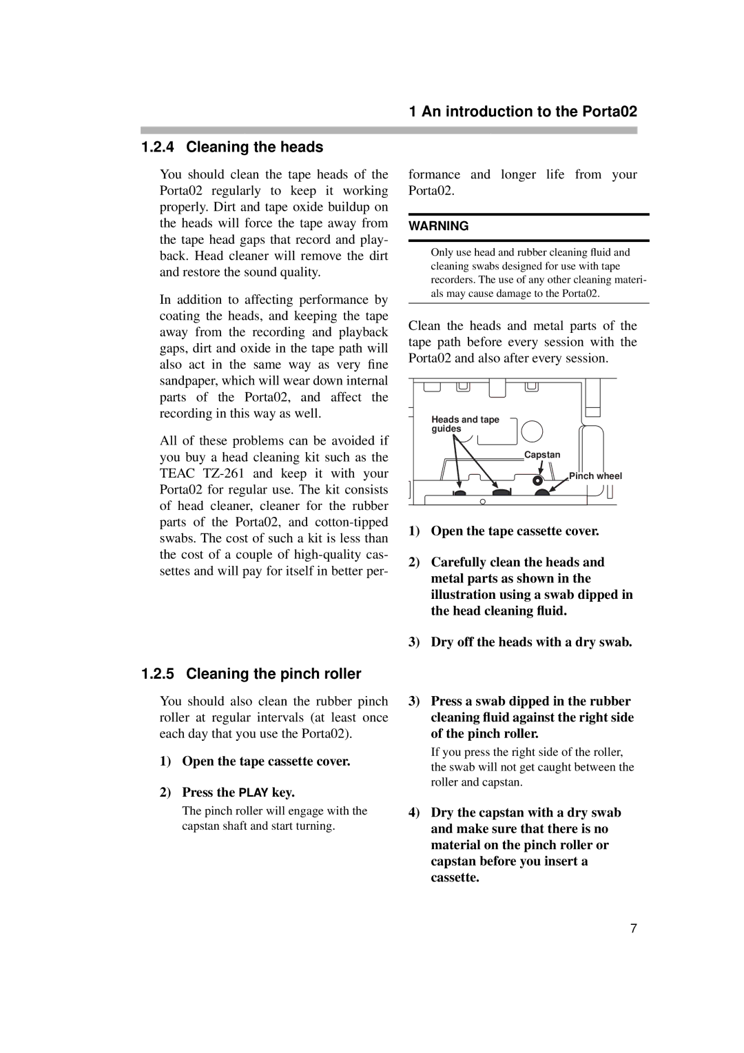 Tascam PORTA02 owner manual An introduction to the Porta02 Cleaning the heads, Cleaning the pinch roller 