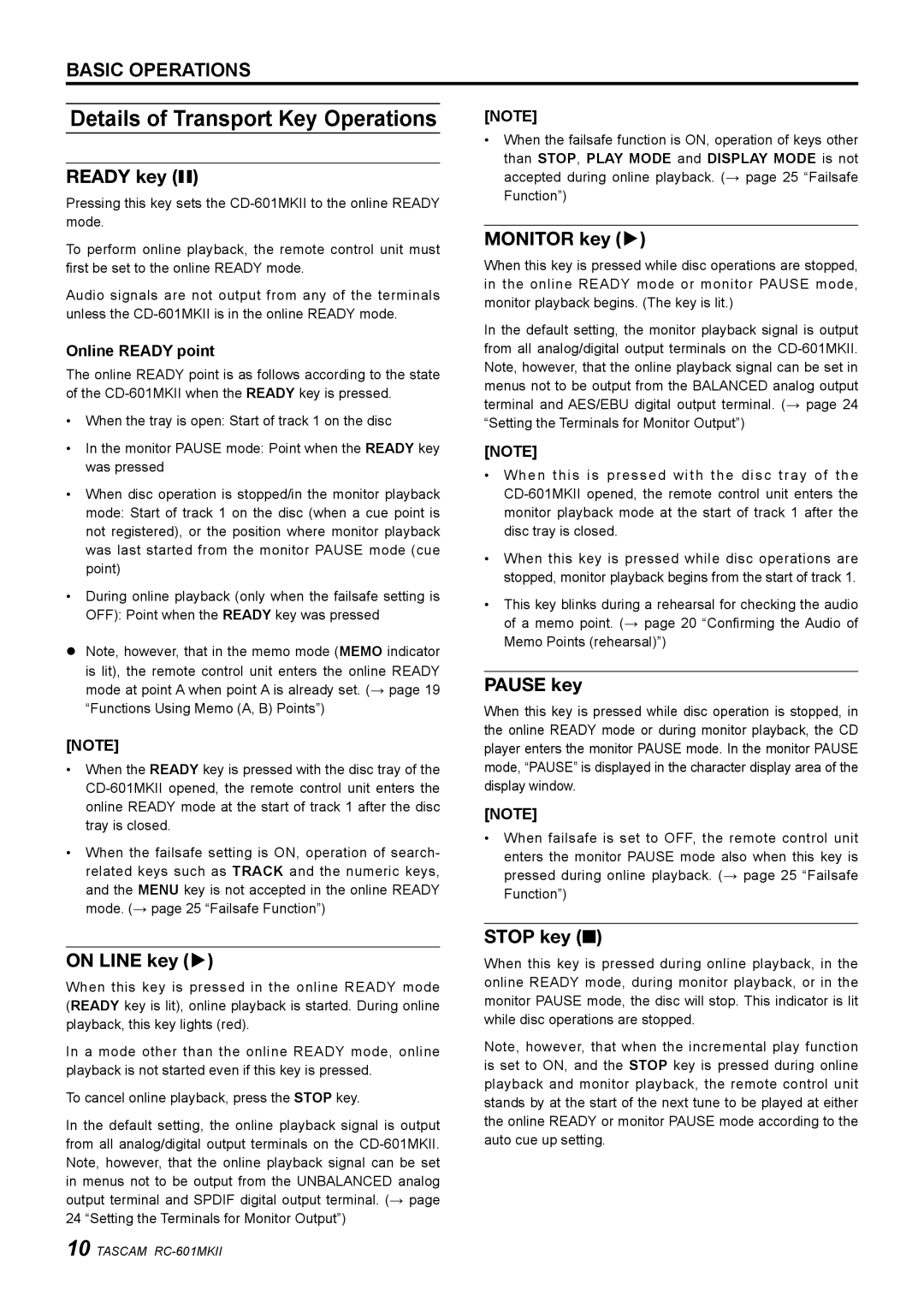 Tascam RC-601mkII owner manual Details of Transport Key Operations 