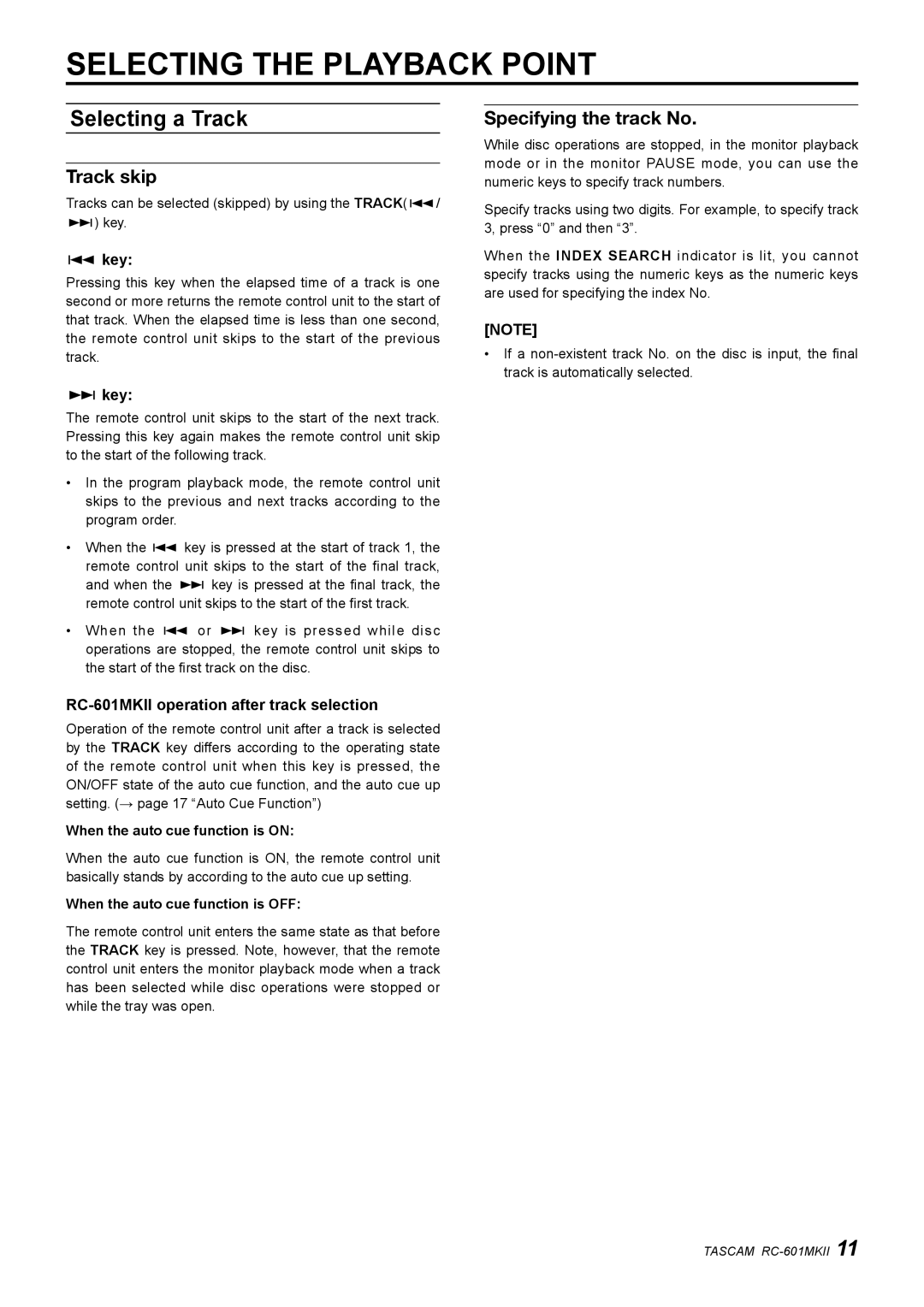 Tascam RC-601mkII owner manual Selecting the Playback Point, Selecting a Track, Track skip, Specifying the track No 