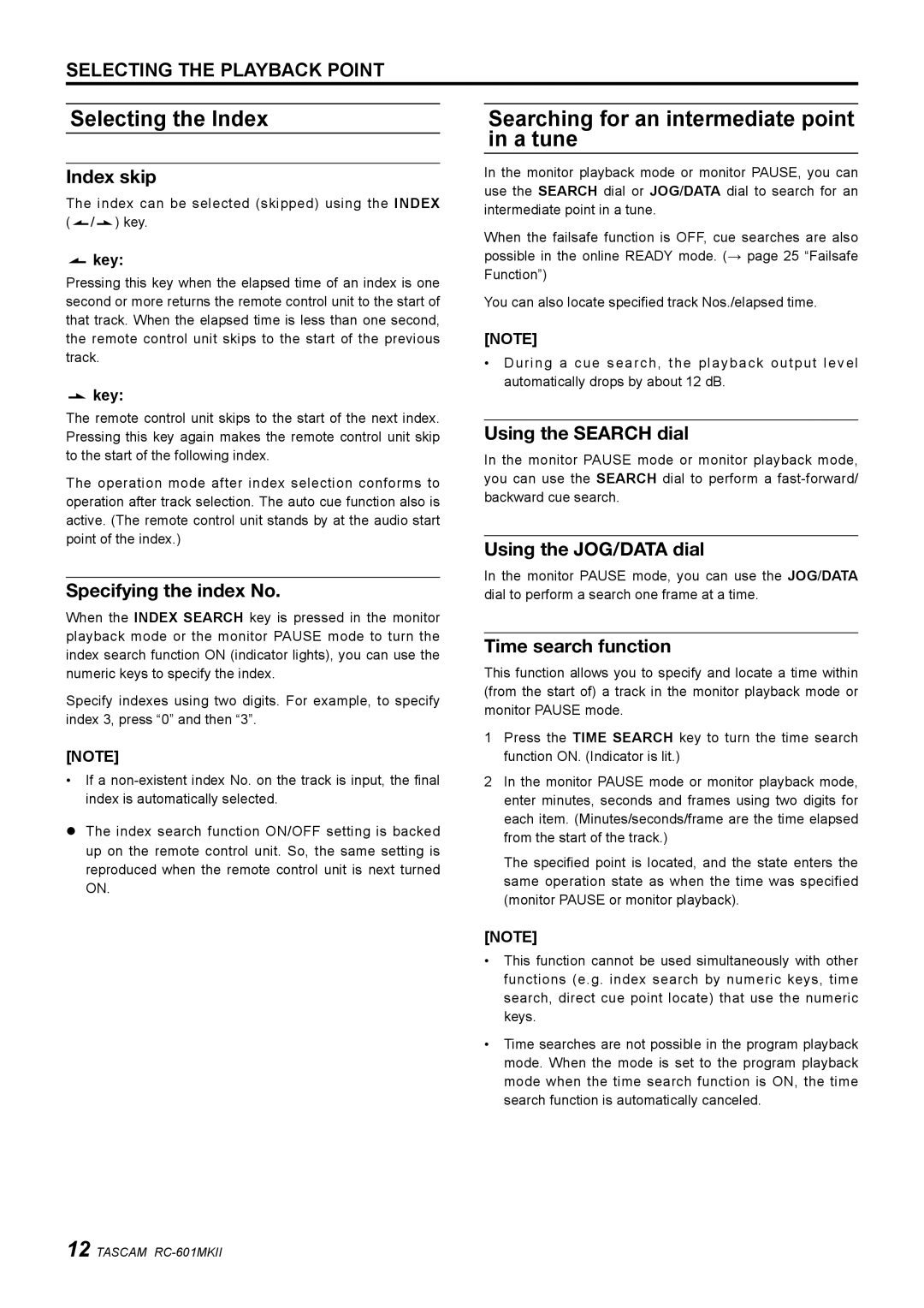 Tascam RC-601mkII owner manual Selecting the Index, Searching for an intermediate point in a tune 