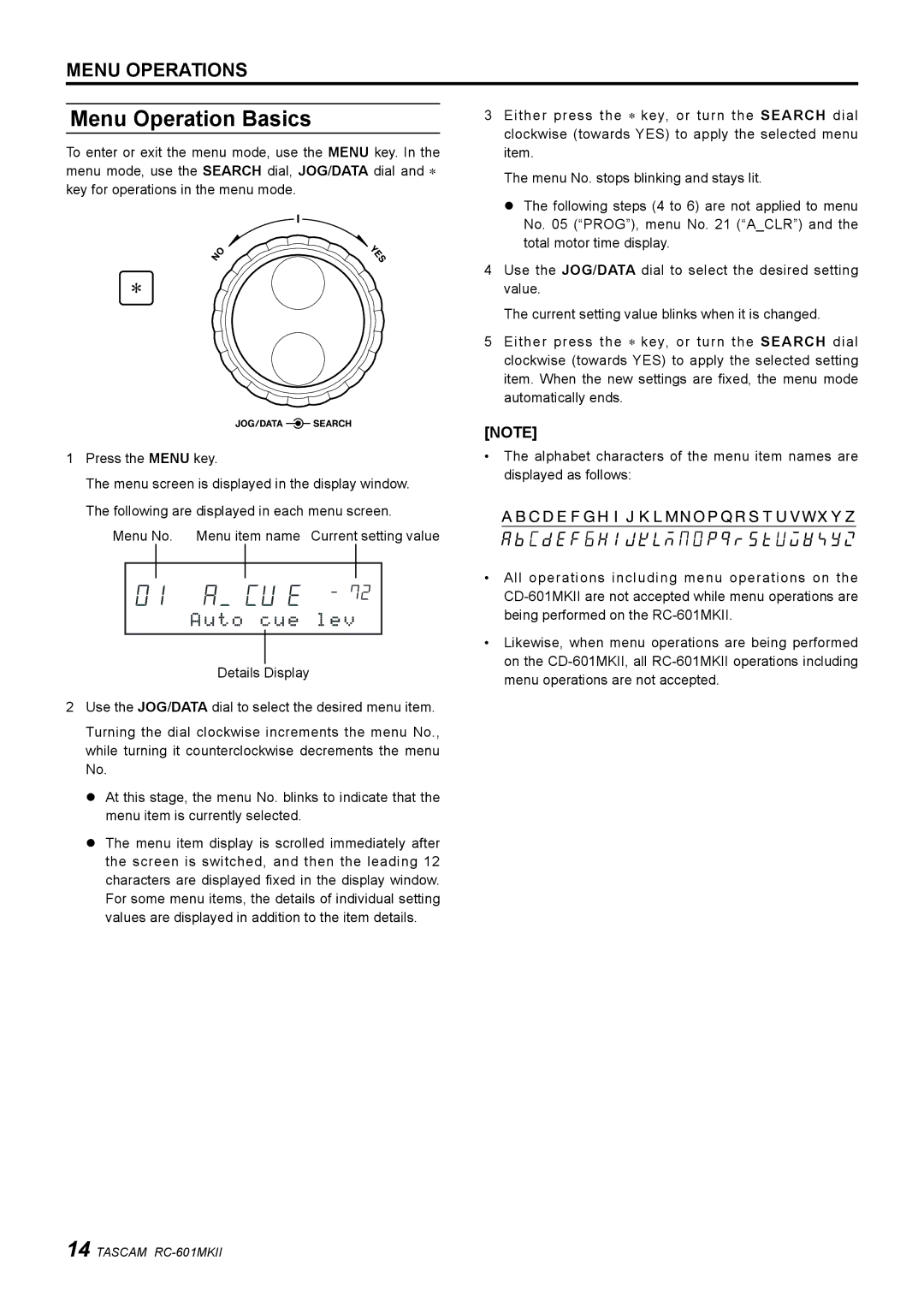 Tascam RC-601mkII owner manual Menu Operation Basics 