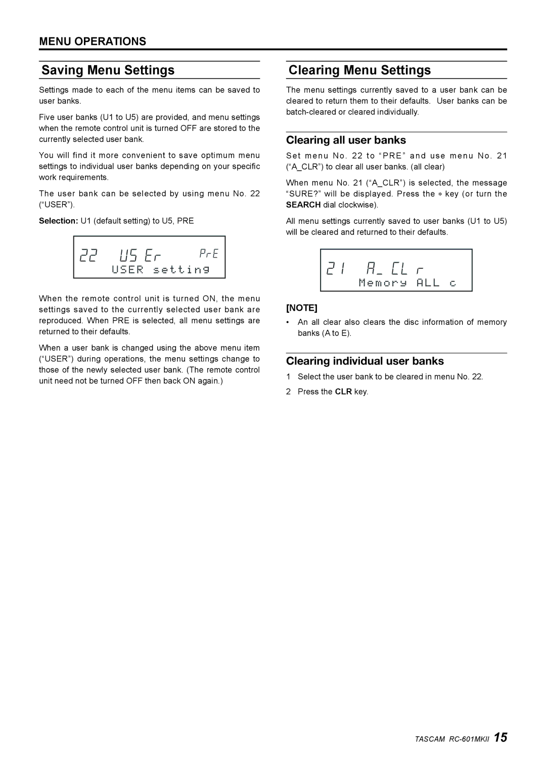 Tascam RC-601mkII Saving Menu Settings, Clearing Menu Settings, Clearing all user banks, Clearing individual user banks 