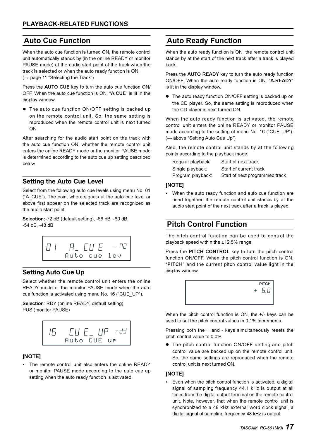 Tascam RC-601mkII owner manual Auto Cue Function, Auto Ready Function, Pitch Control Function, Setting the Auto Cue Level 