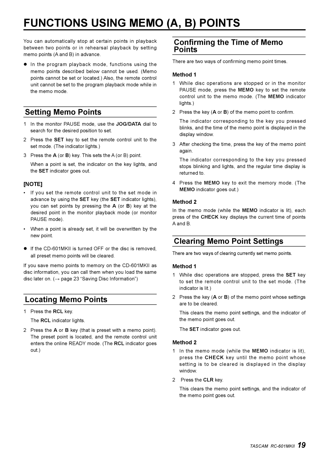 Tascam RC-601mkII owner manual Functions Using Memo A, B Points, Setting Memo Points, Locating Memo Points 