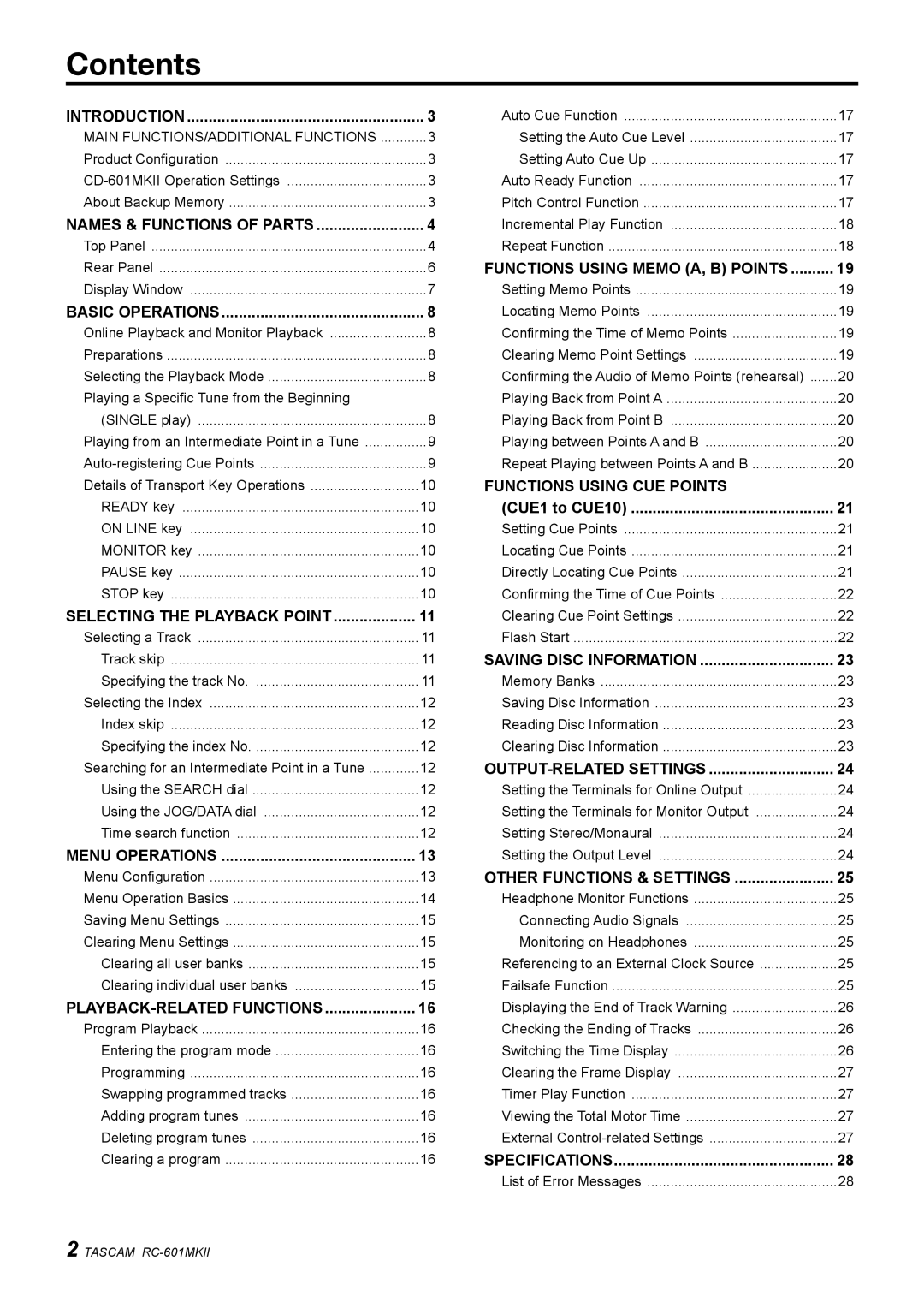 Tascam RC-601mkII owner manual Contents 