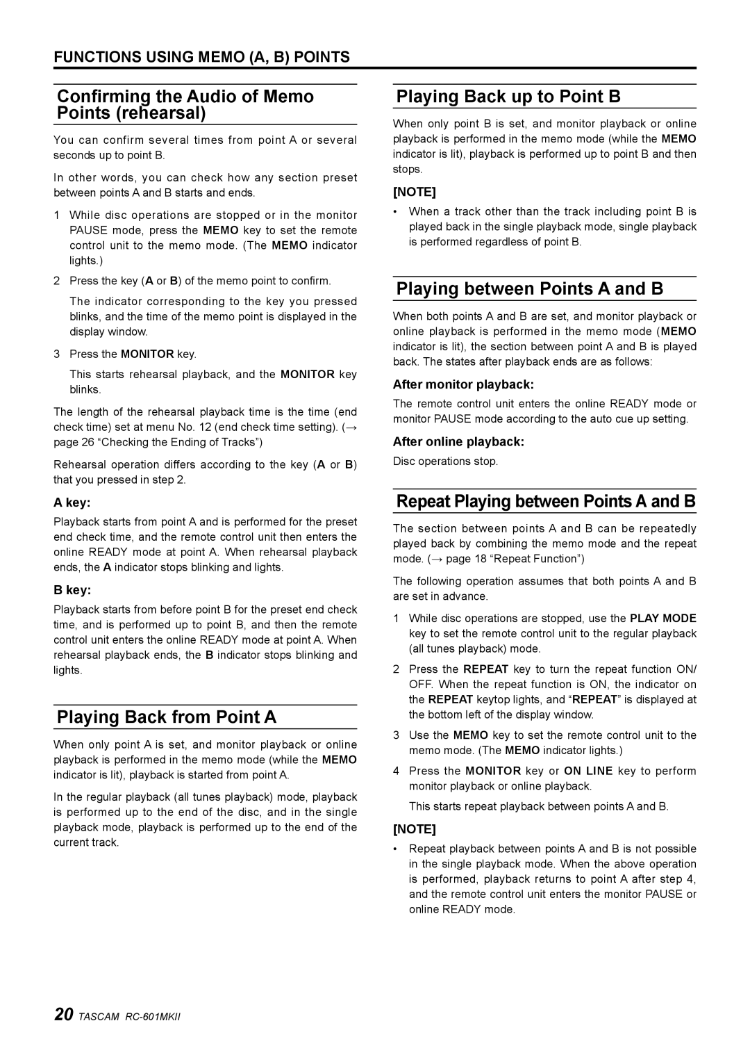 Tascam RC-601mkII Confirming the Audio of Memo Points rehearsal, Playing Back from Point a, Playing Back up to Point B 